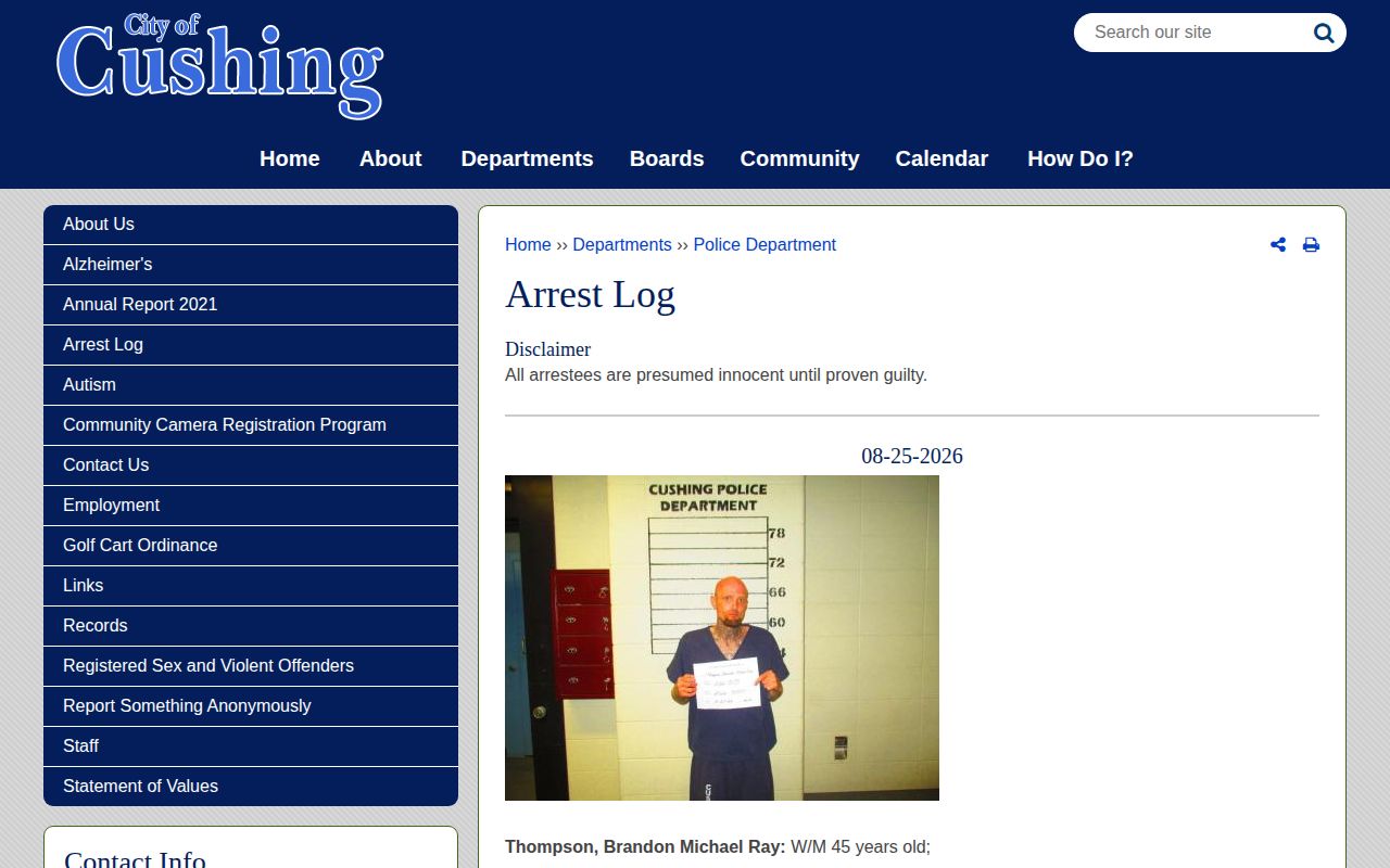 Payne County Cushing official arrest log record source