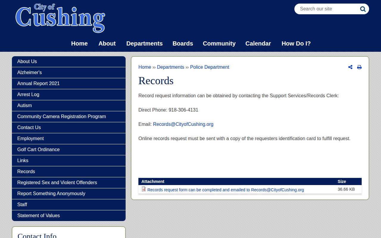 Payne County Cushing police arrest records request source