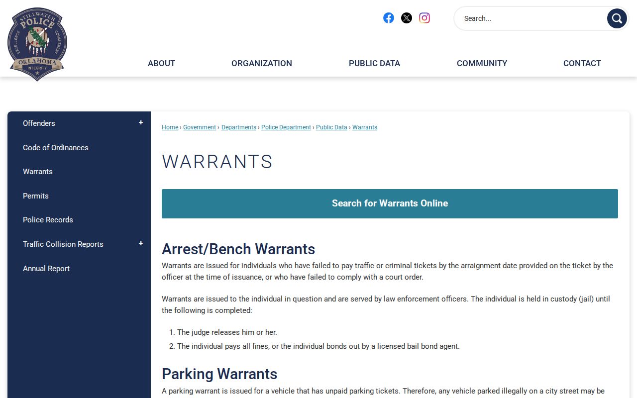 Official Stillwater warrants information page